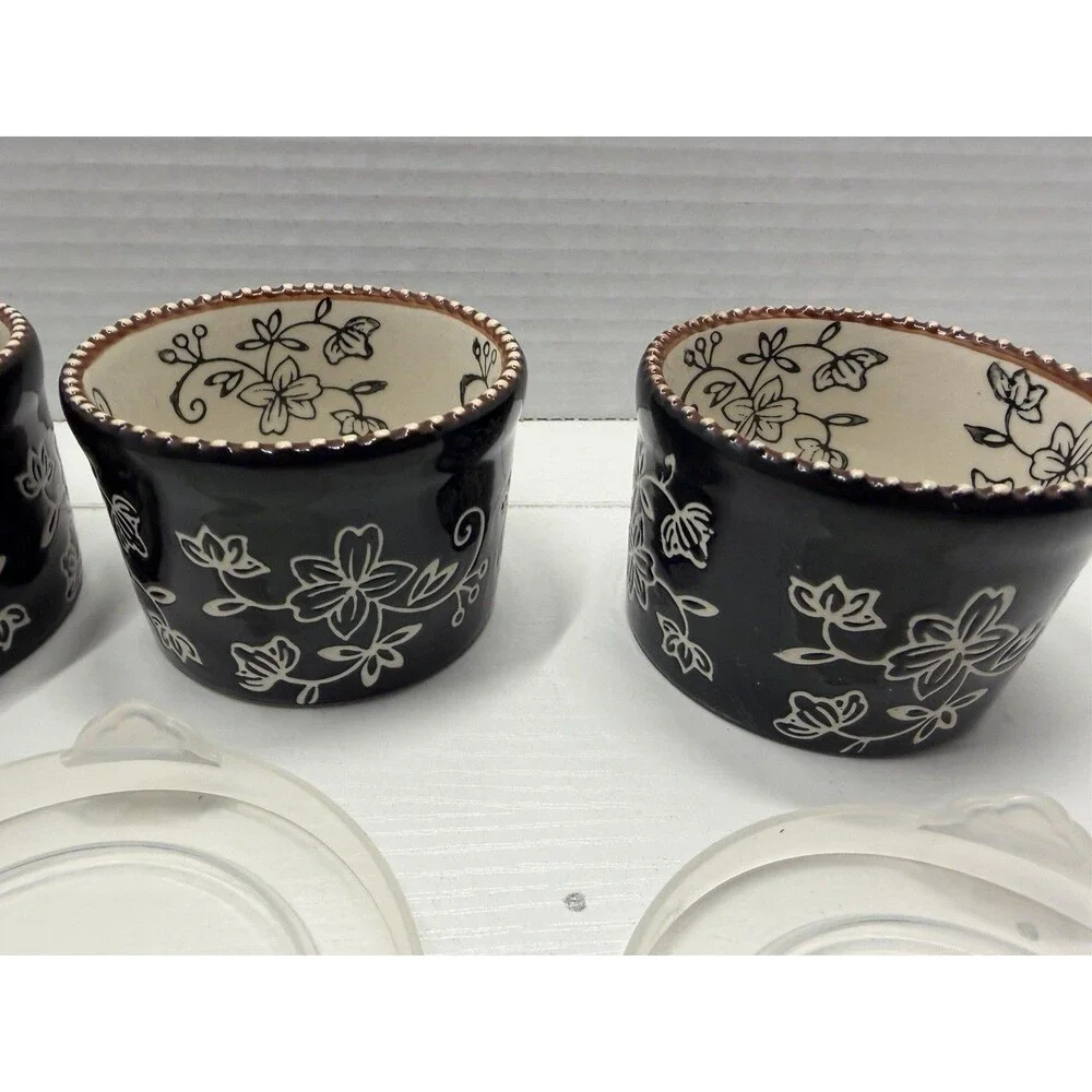 Set Of 3 temp-tations Presentable Ovenware Floral Lace 5 oz. with Lids 818052